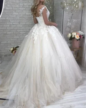 White Wedding Dress Bridal Tulle Deep V Neck
