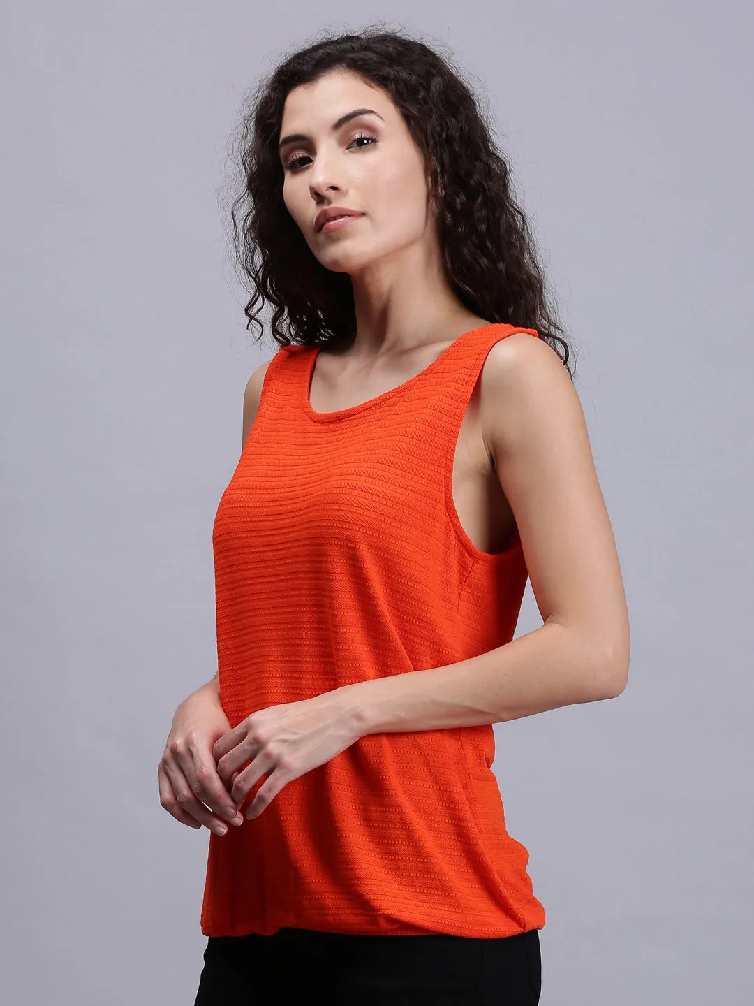 Women Solid Orange Sleeveless Tank Tops