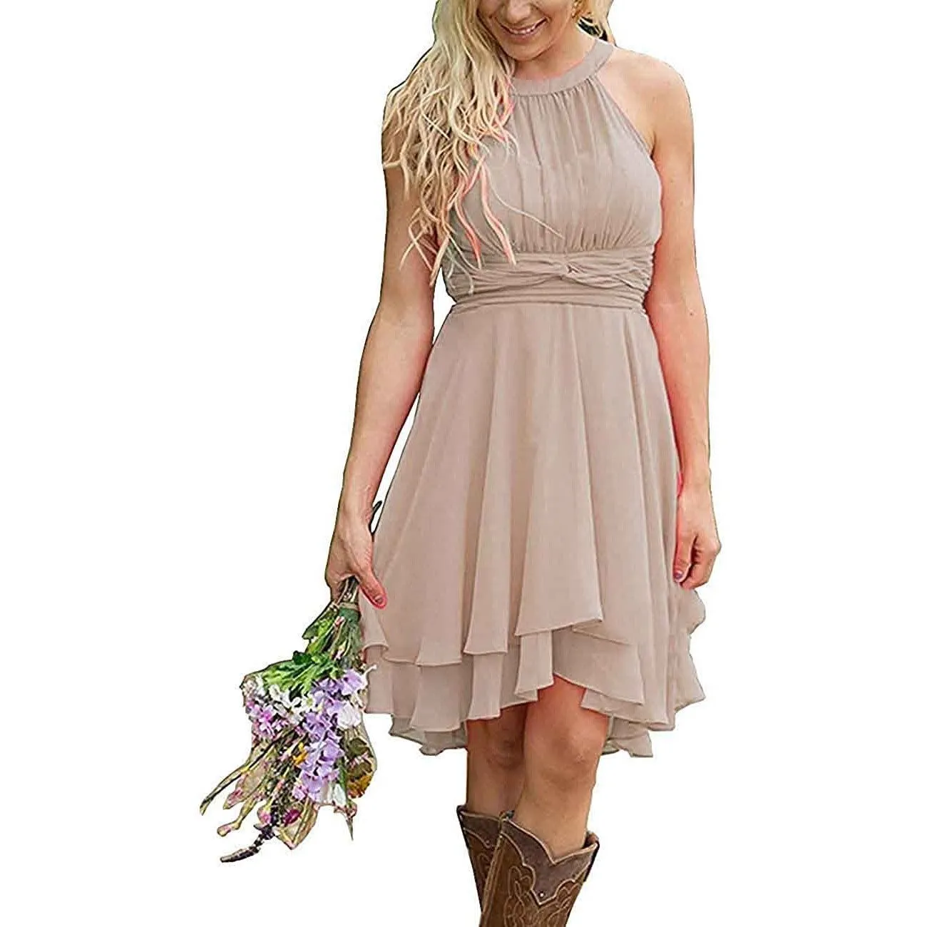 Women's A Line Halter Chiffon Wedding Guest Country Bridesmaid Dresses