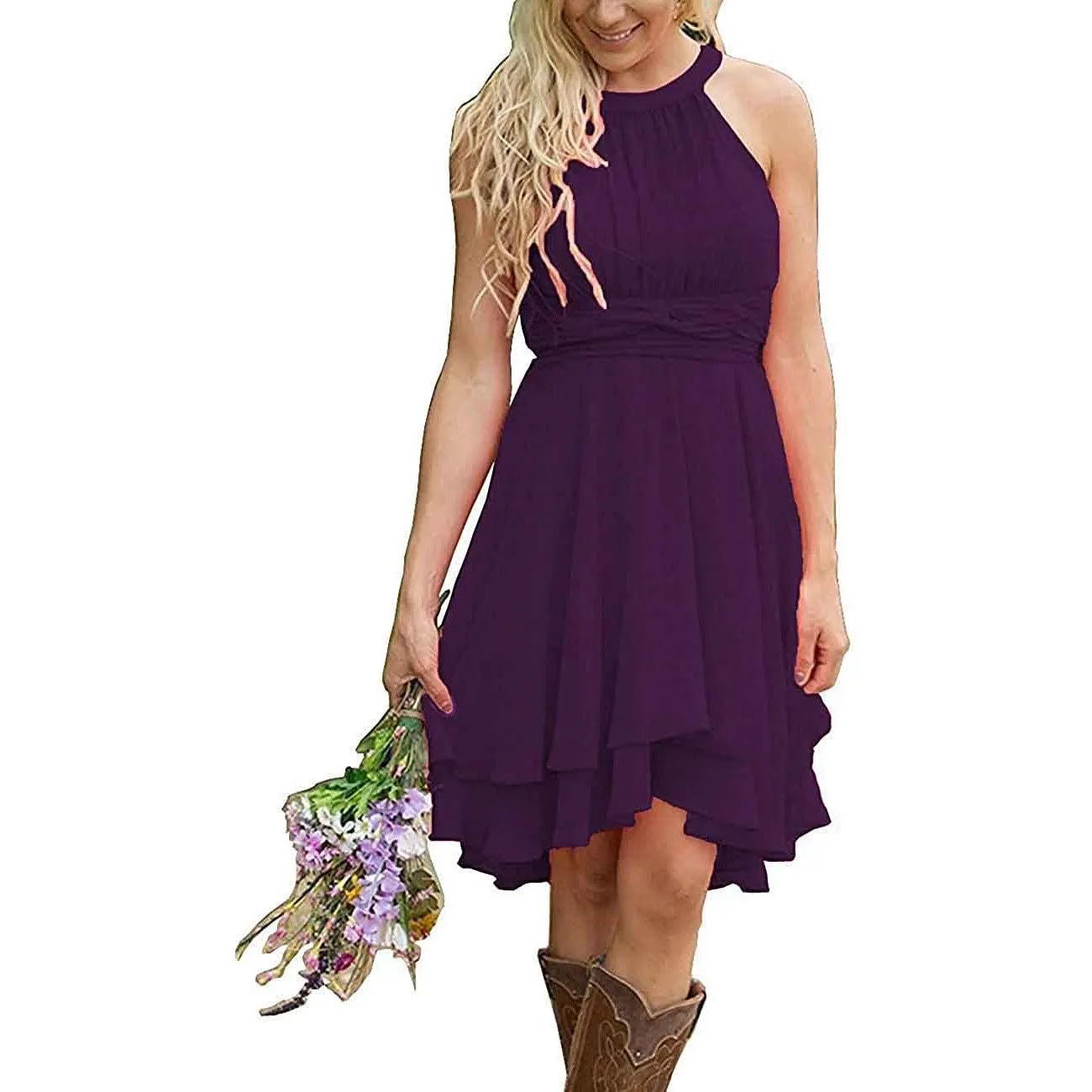 Women's A Line Halter Chiffon Wedding Guest Country Bridesmaid Dresses