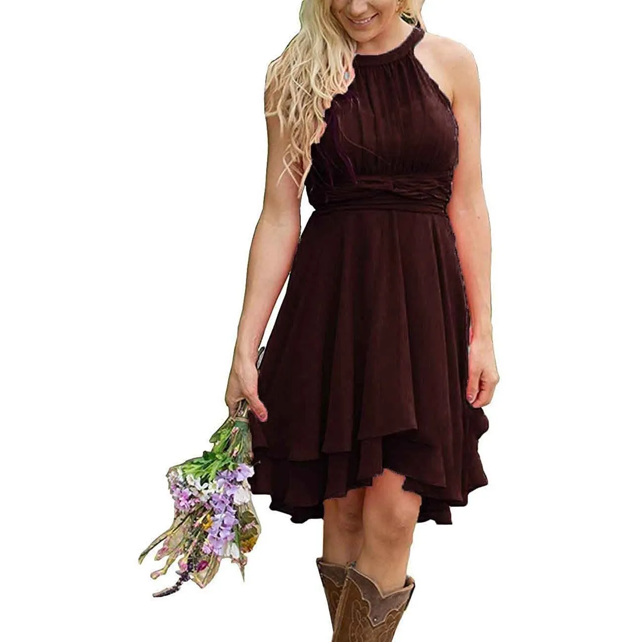 Women's A Line Halter Chiffon Wedding Guest Country Bridesmaid Dresses