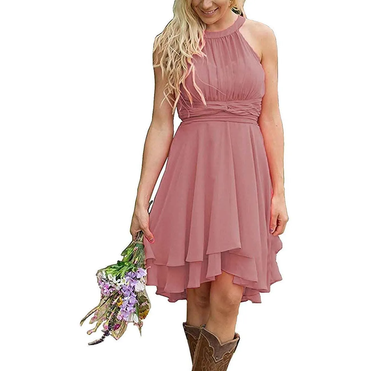 Women's A Line Halter Chiffon Wedding Guest Country Bridesmaid Dresses