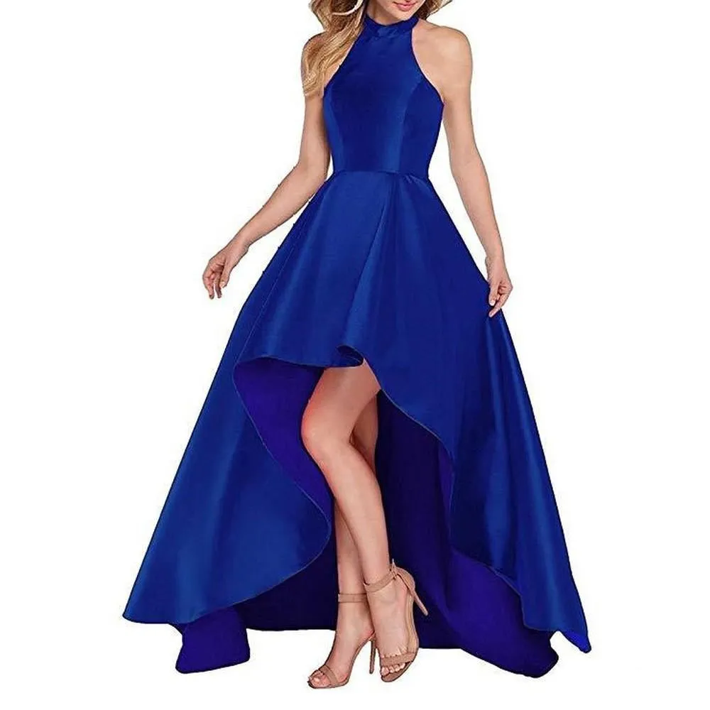 Women's Halter High Low Satin Prom Dress Asymmetrical Formal Gown