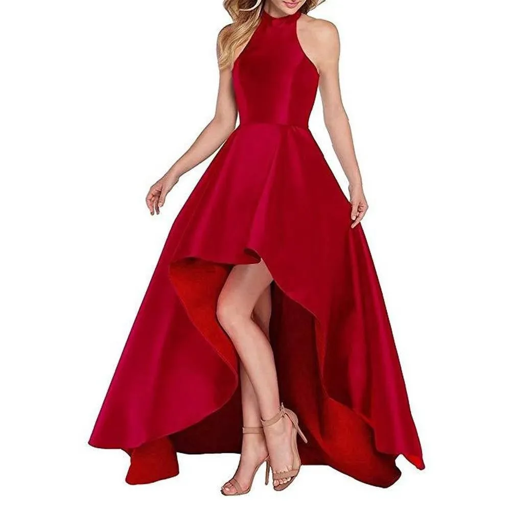 Women's Halter High Low Satin Prom Dress Asymmetrical Formal Gown