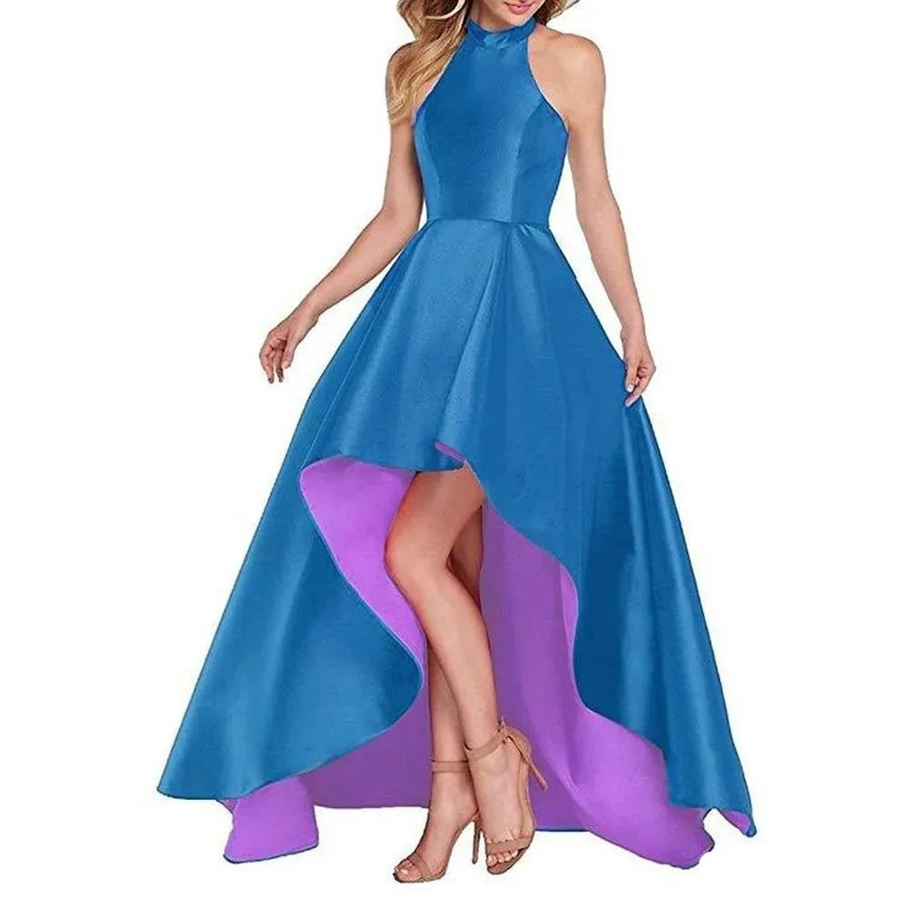 Women's Halter High Low Satin Prom Dress Asymmetrical Formal Gown