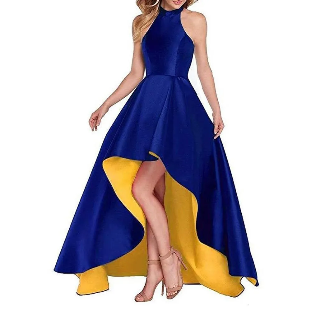Women's Halter High Low Satin Prom Dress Asymmetrical Formal Gown
