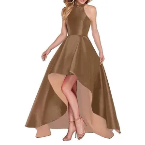 Women's Halter High Low Satin Prom Dress Asymmetrical Formal Gown