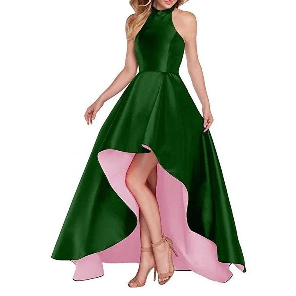 Women's Halter High Low Satin Prom Dress Asymmetrical Formal Gown