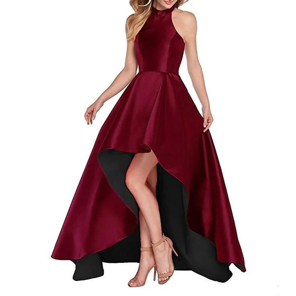 Women's Halter High Low Satin Prom Dress Asymmetrical Formal Gown