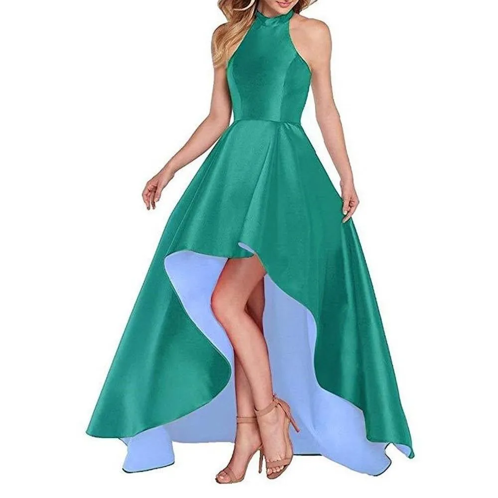 Women's Halter High Low Satin Prom Dress Asymmetrical Formal Gown