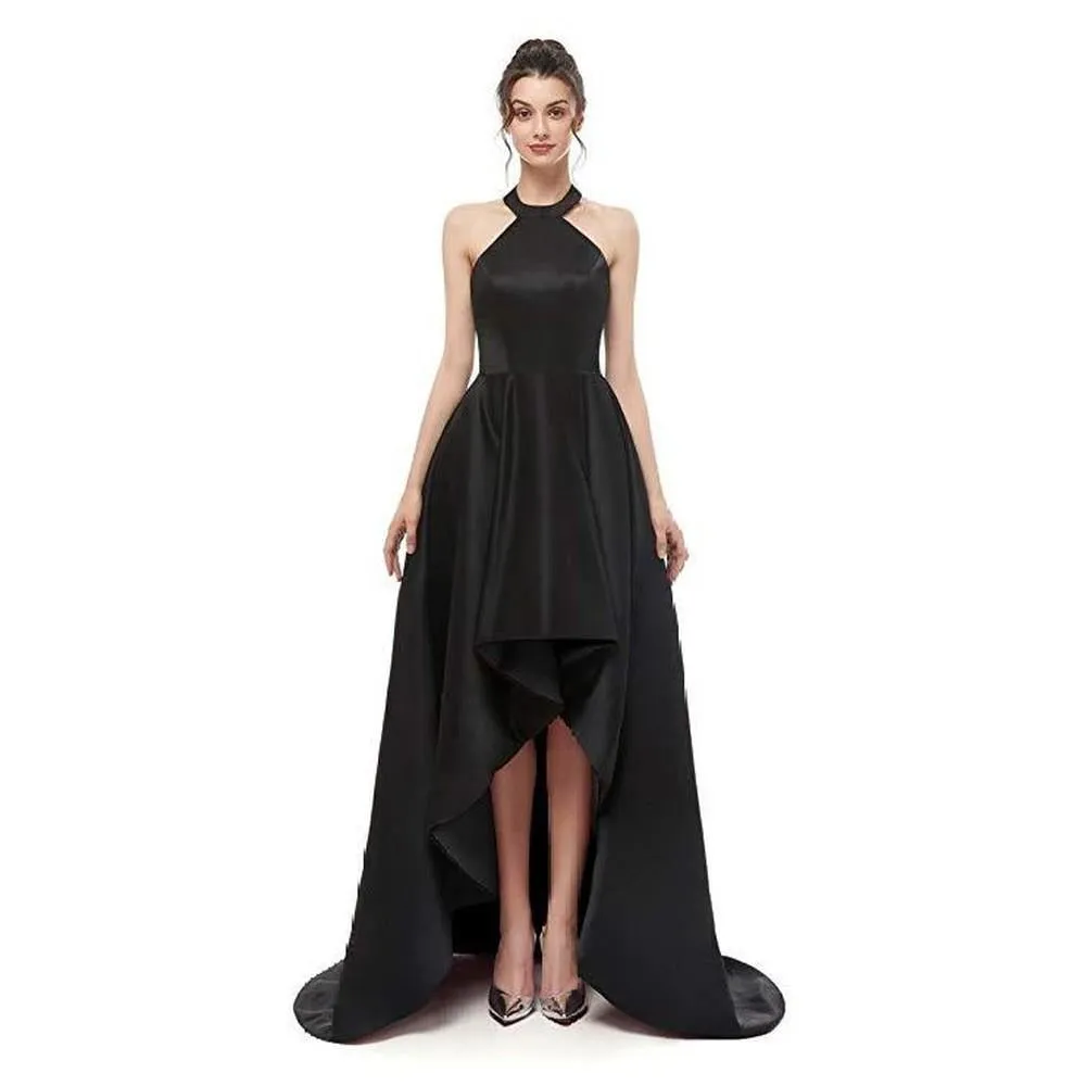 Women's Halter High Low Satin Prom Dress Asymmetrical Formal Gown