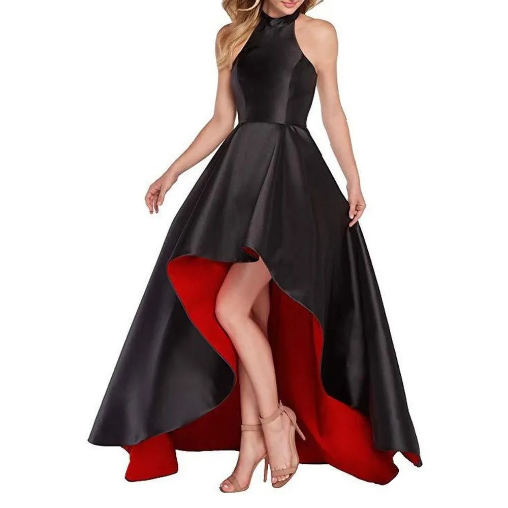 Women's Halter High Low Satin Prom Dress Asymmetrical Formal Gown