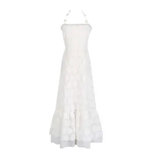 Womens Halterneck Midi Dress Lace Embroidered Floral Dress