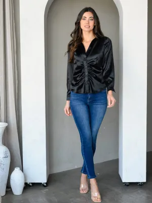 WOMEN'S LONG SLEEVE FRONT RUCHED BUTTON UP SILK  TOP