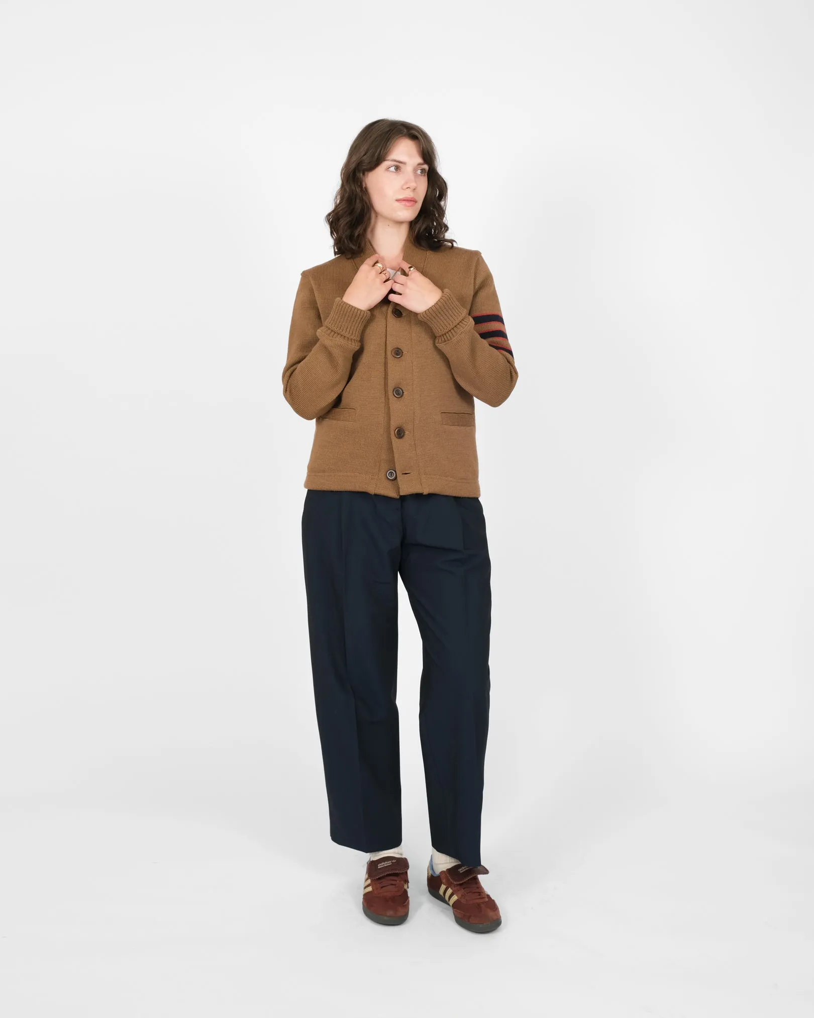 Women's Varsity Cardigan - Dark Tan / Dark Navy & Forster Red