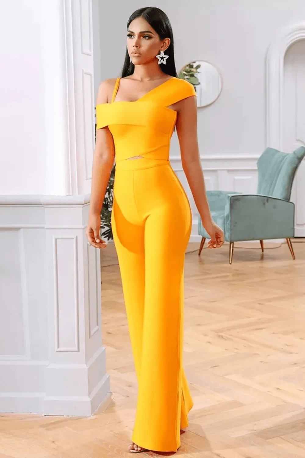 Yellow bodycon Top & Pants Two Piece Jumpsuit Set