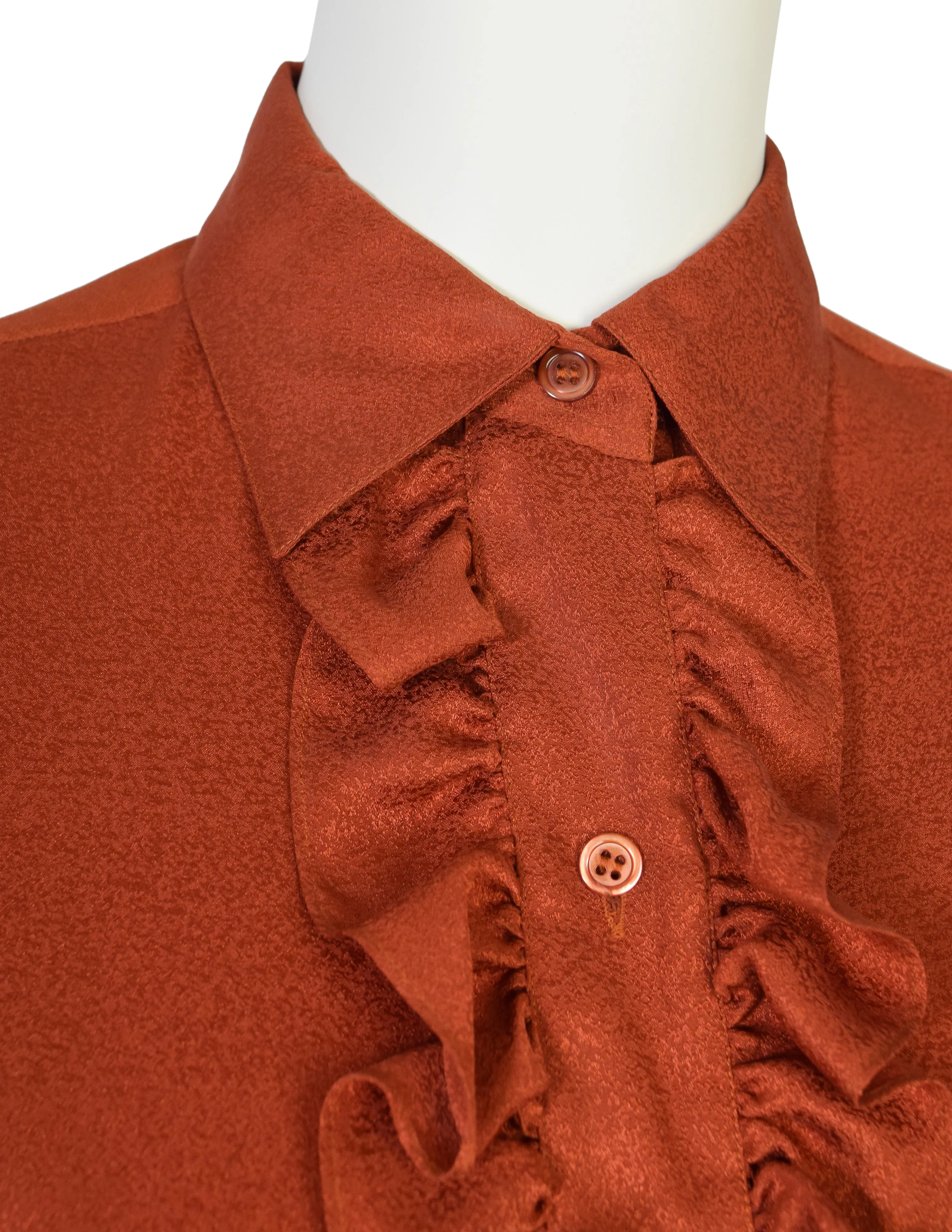 Yves Saint Laurent Vintage 1970s Rust Orange Ruffle Silk Jacquard Shirt