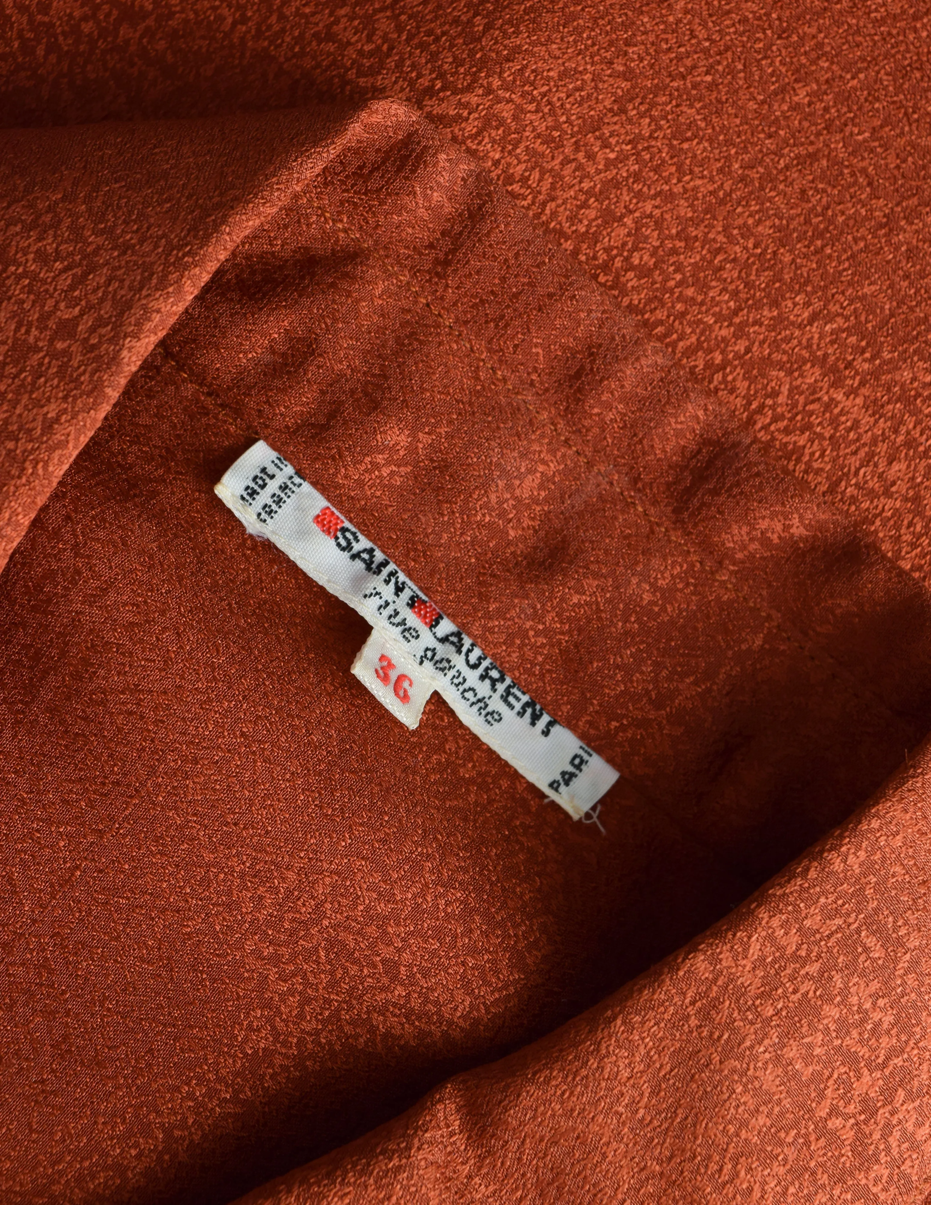 Yves Saint Laurent Vintage 1970s Rust Orange Ruffle Silk Jacquard Shirt
